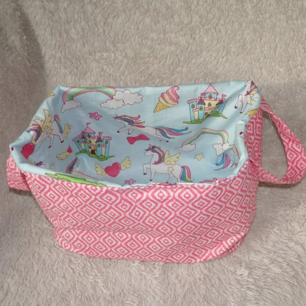 Girls Handmade Pink Rainbow Unicorn Storage Bin Basket Bag with Handles